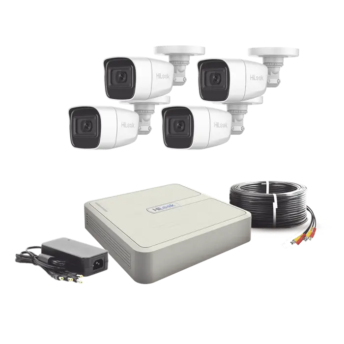 KIT TurboHD 720p / DVR 4 canales / 4 Cámaras Bala de Policarbonato / 4 Cables 18 Mts / 1 Fuente de Poder Profesional
