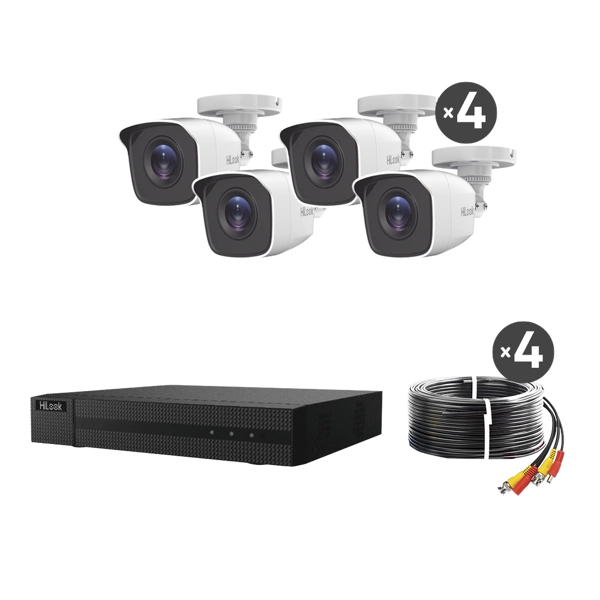 KIT TurboHD 1080p / DVR 4 canales / 4 Cámaras Bala de Metal / H.265+ / 1 Fuente de Poder Profesional / Accesorios de Instalación.