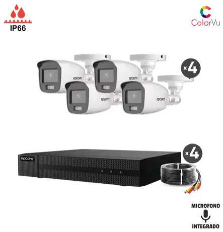 Kit TurboHD 1080p / DVR 4 Canales / 4 Cámaras Bala ColorVu con Microfono Integrado / Fuente de Poder / Accesorios de Instalación